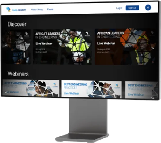 The FAEO Academy platform Discover page on a desktop monitor, listing live webinars