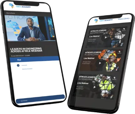The FAEO Academy platform on two phones: a live webinar session and the mobile home feed